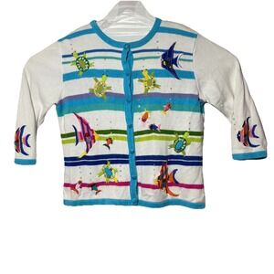 Berek 2 Sweater VTG Fish Theme Takako Sakon‎ Womens M Beaded Sequins